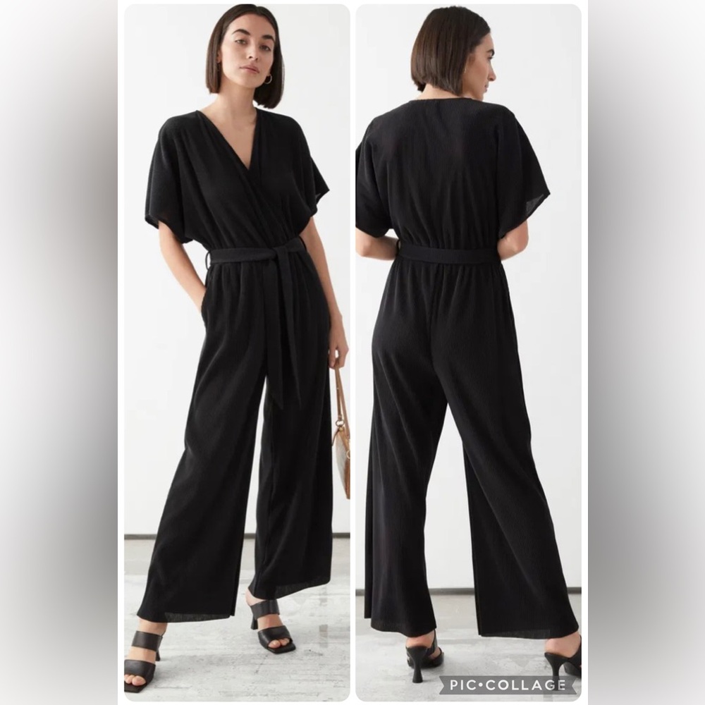 & Other Stories Plisse Pleated Wide Leg Wrap Jumpsuit Size 2